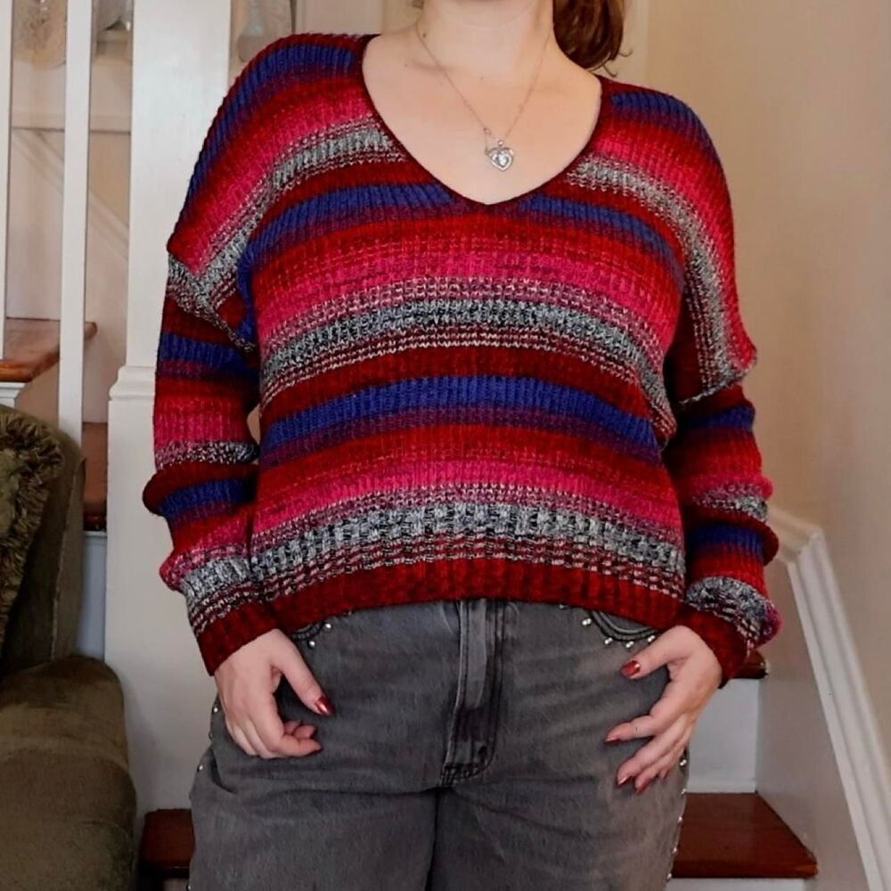 Express Multicolored Striped Sweater Red Pink Blue Gray Sz Medium Jumper V Neck